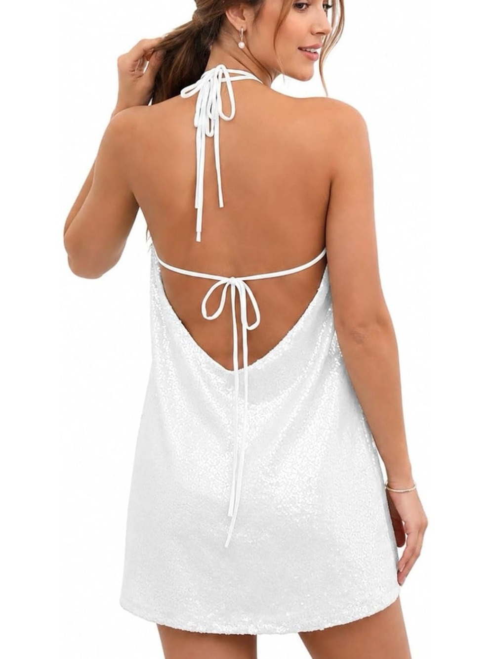 NWOT Backless Halter Sequin Mini Dress - White
